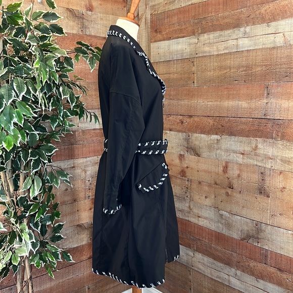 SAMUEL DONG Black Trench Coat with Plaid Trim - Picture 5 of 15